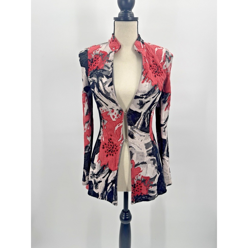 St John Floral Abstract Jacket Knit Blazer 2 Coral Black Multicolor Quiet Luxury